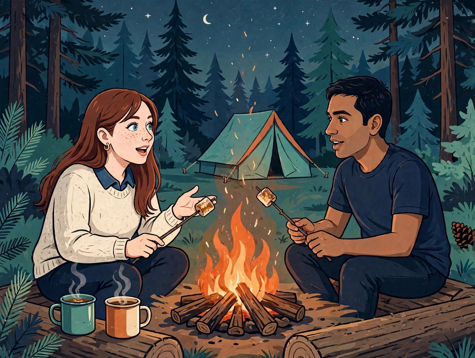 Kaushik and Charrie Ray sitting around a campfire at dusk, roasting marshmallows and brainstorming the tracker idea, with a notebook of sketches nearby