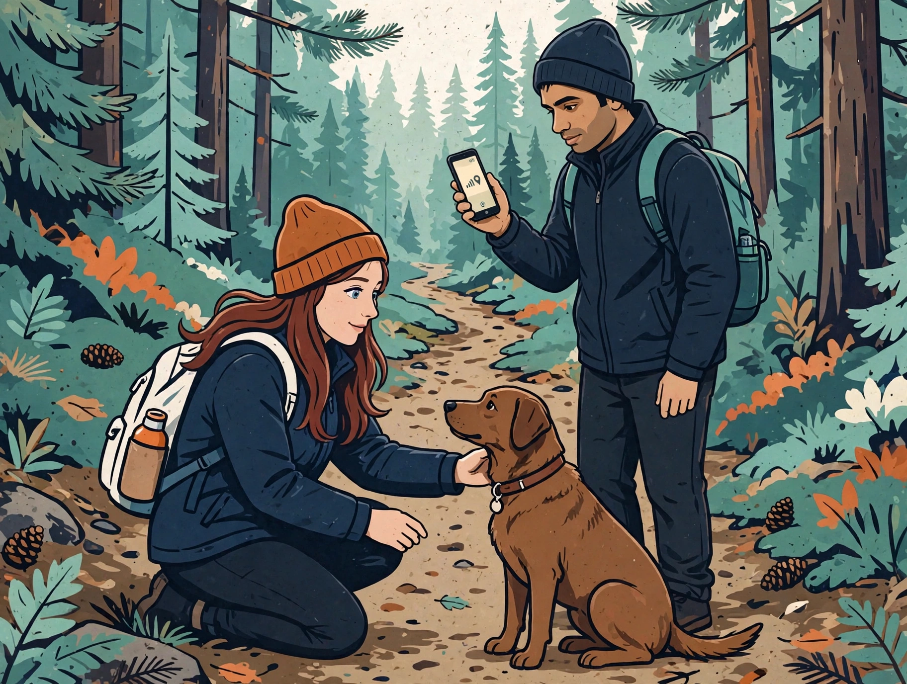 Two campers discovering a lost brown dog on a forest trail, one kneeling to greet it while the other holds a phone showing no signal