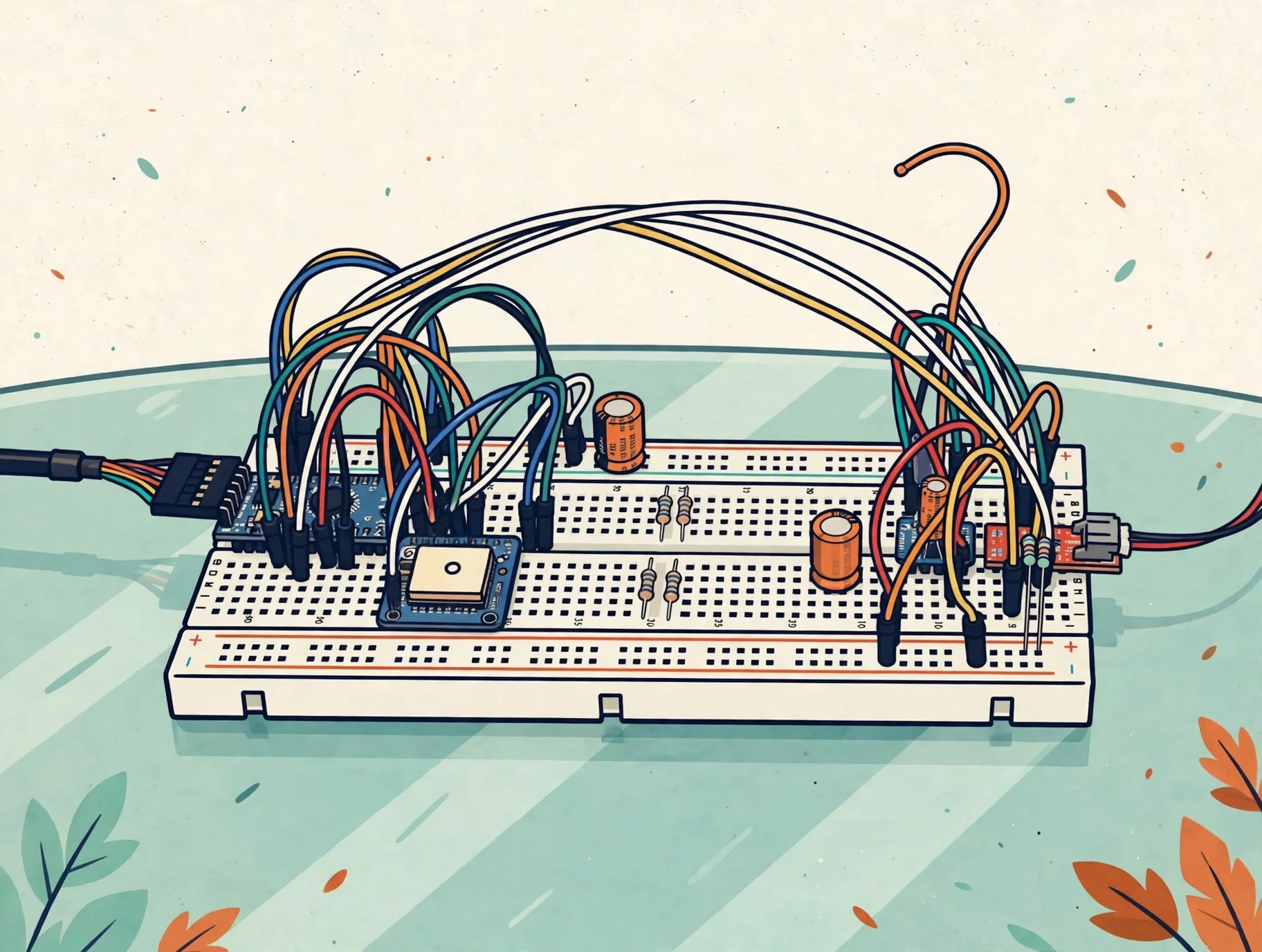 Cartoonized illustration of the first Drover GPS tracker breadboard prototype with jumper wires, GPS module, and LoRa radio