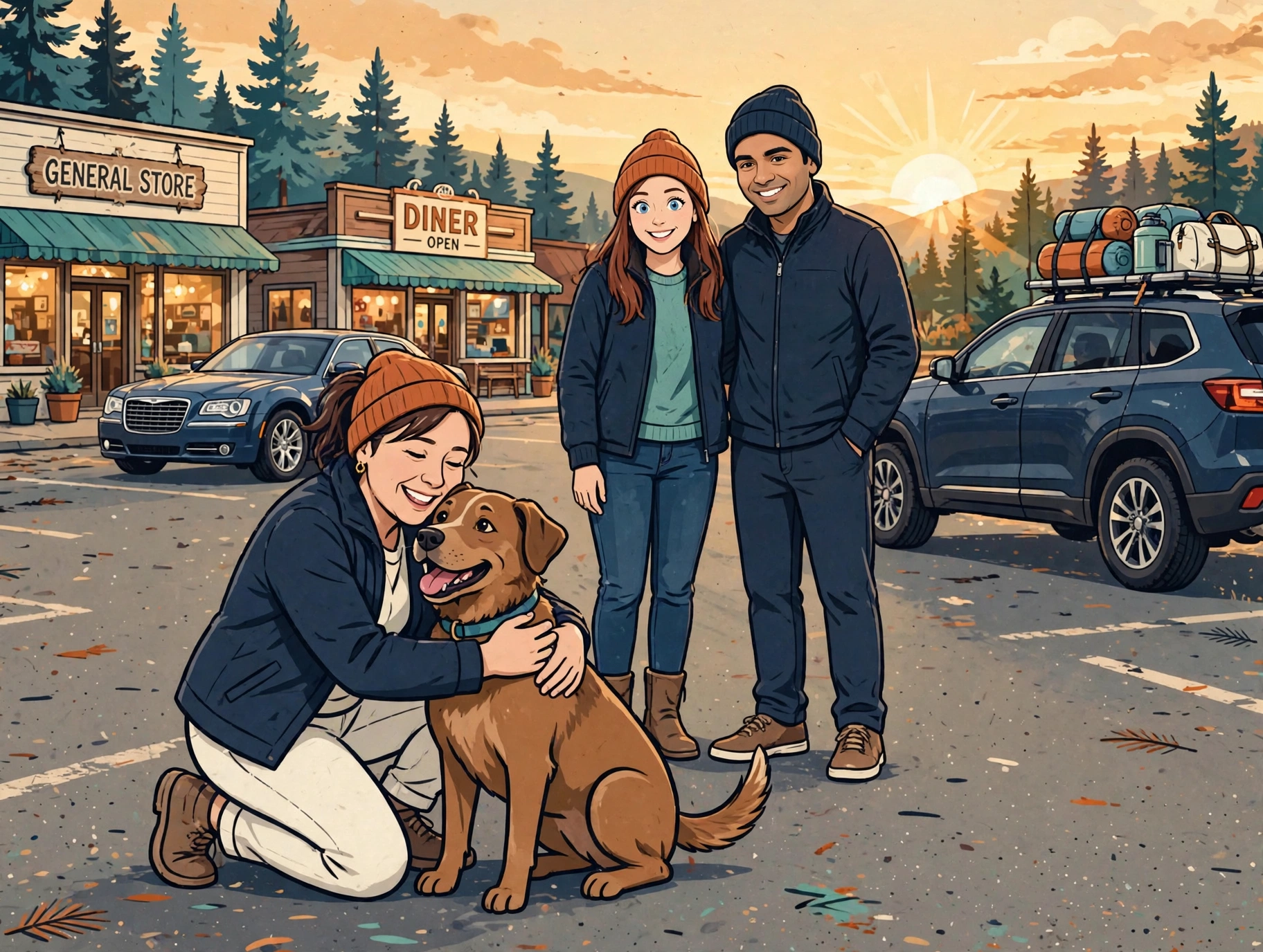 An emotional reunion at a rural roadside — a relieved owner hugging their dog while the campers who found him look on