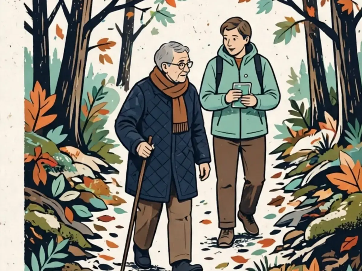 An older parent and adult family member walking together on a wooded path