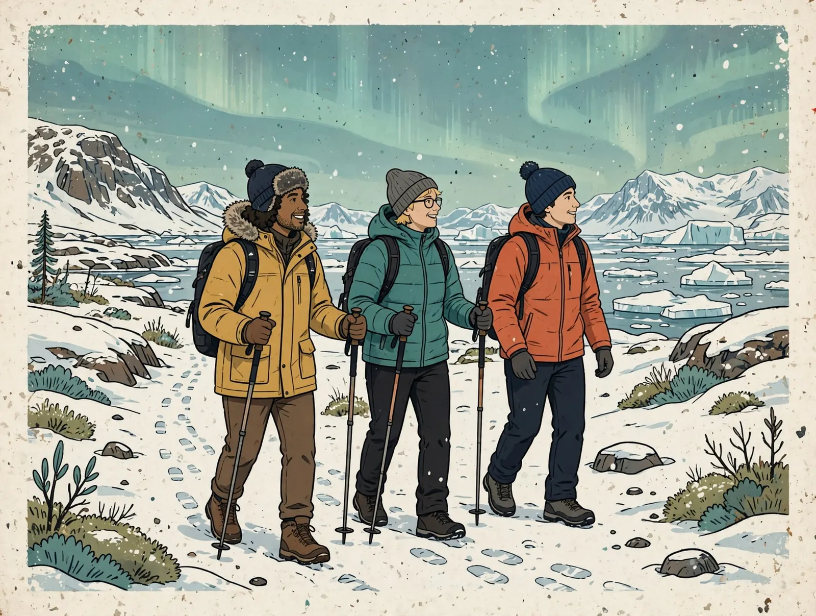 Three hikers crossing a snowy Arctic landscape beneath mountain peaks and the northern lights
