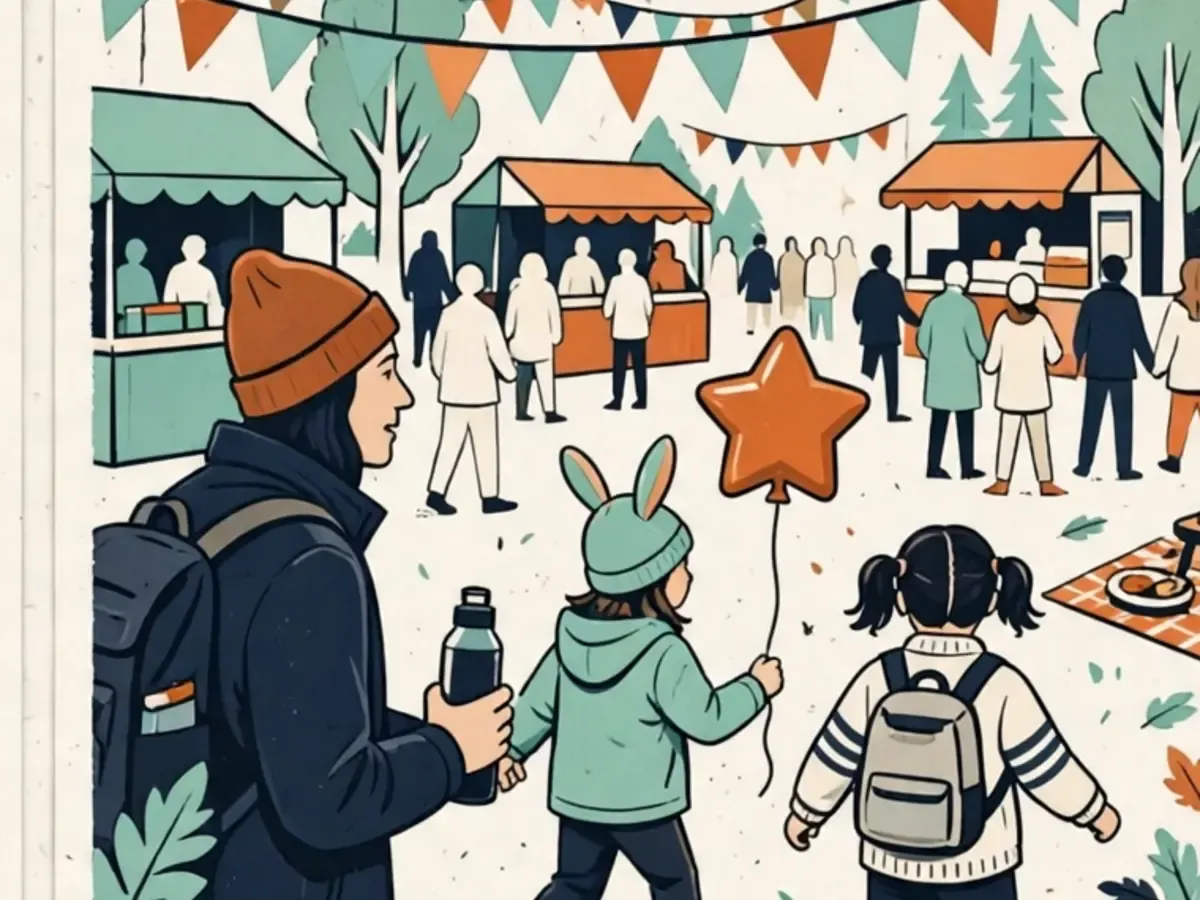 A parent and two children walking through a busy outdoor festival