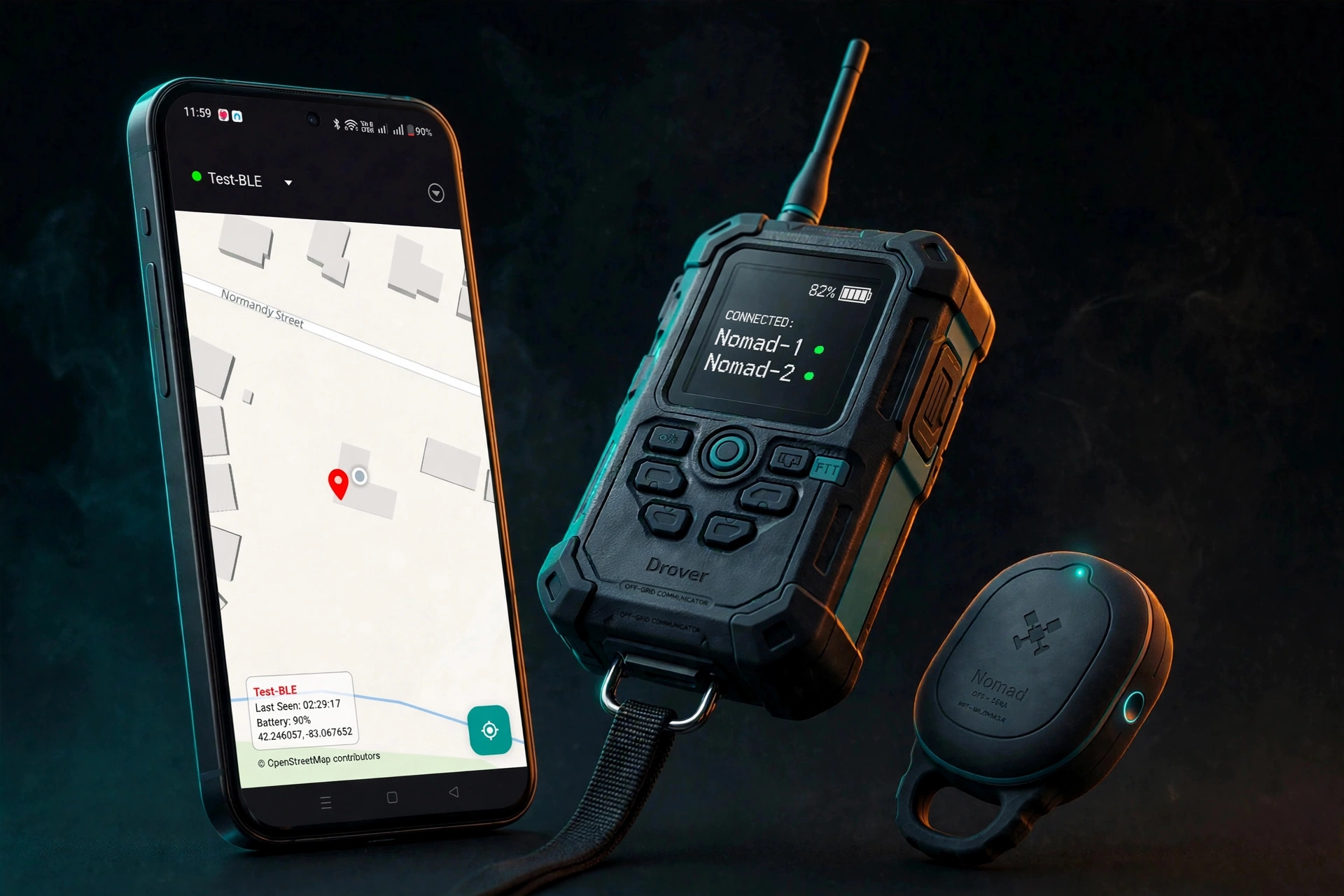 The Drover system — phone app, Drover hub, and Nomad tracker tag